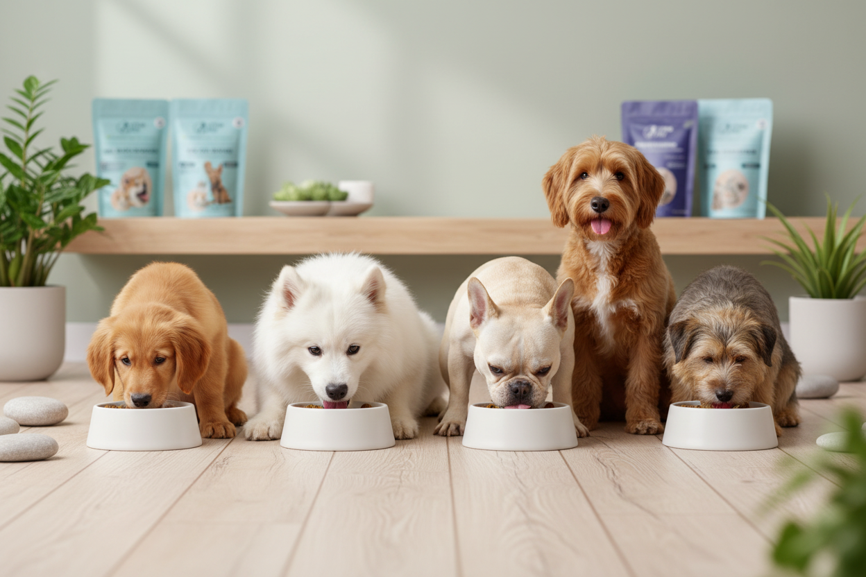 4 köpek mama yerken Litha Pet ürünleriyle
